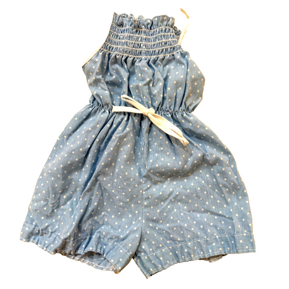 Vintage Polar Romper Girls 2T Blue White Polka Dot Smocked Infantwear Made USA - Picture 2 of 6